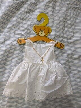 Build-A-Bear White Eyelet Dress with Gold Cross Necklace